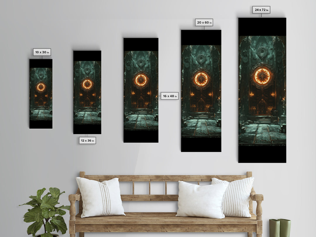 Glowing Astral Clock Door In Gothic Hall Wall Art, Dark Fantasy Canvas Print, Steampunk Decor, Moody Entryway Art For Office