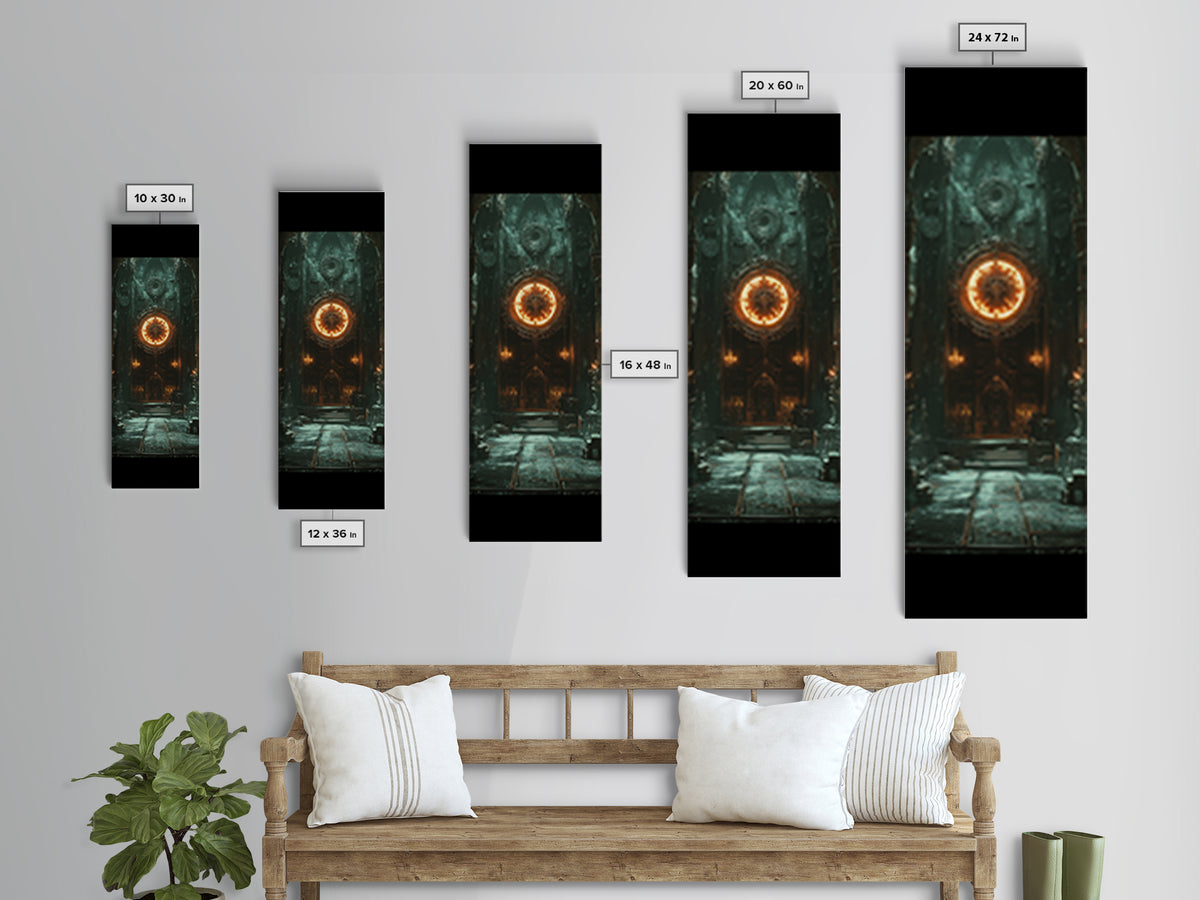 Glowing Astral Clock Door In Gothic Hall Wall Art, Dark Fantasy Canvas Print, Steampunk Decor, Moody Entryway Art For Office