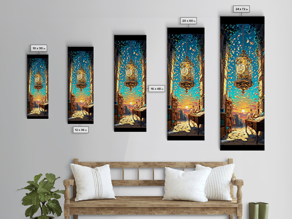 Floating Golden Clock Over Sunset Alley Wall Art, Whimsical Fantasy Canvas Print, Bookshop Travel Decor, Unique Gift For Her