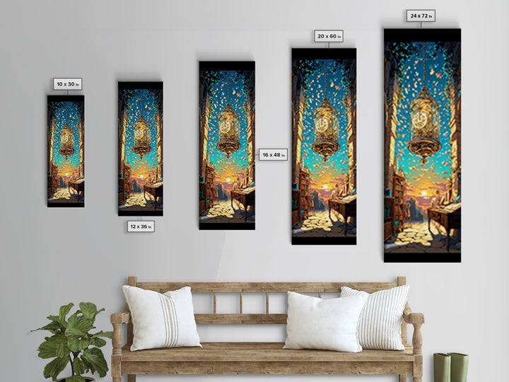 Floating Golden Clock Over Sunset Alley Wall Art, Whimsical Fantasy Canvas Print, Bookshop Travel Decor, Unique Gift For Her