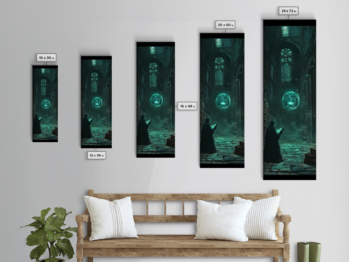 Dark Gothic Library With Teal Magic Orb Wall Art, Fantasy Castle Decor, Dark Academia Print, Moody Reading Nook Artwork Gift