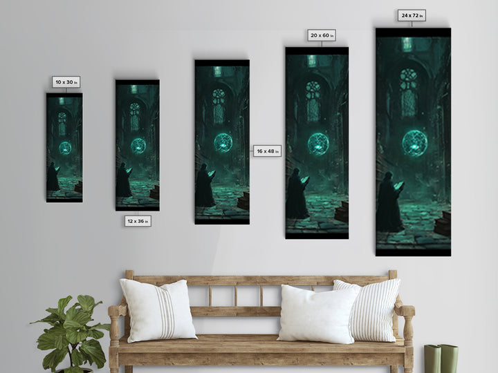 Dark Gothic Library With Teal Magic Orb Wall Art, Fantasy Castle Decor, Dark Academia Print, Moody Reading Nook Artwork Gift