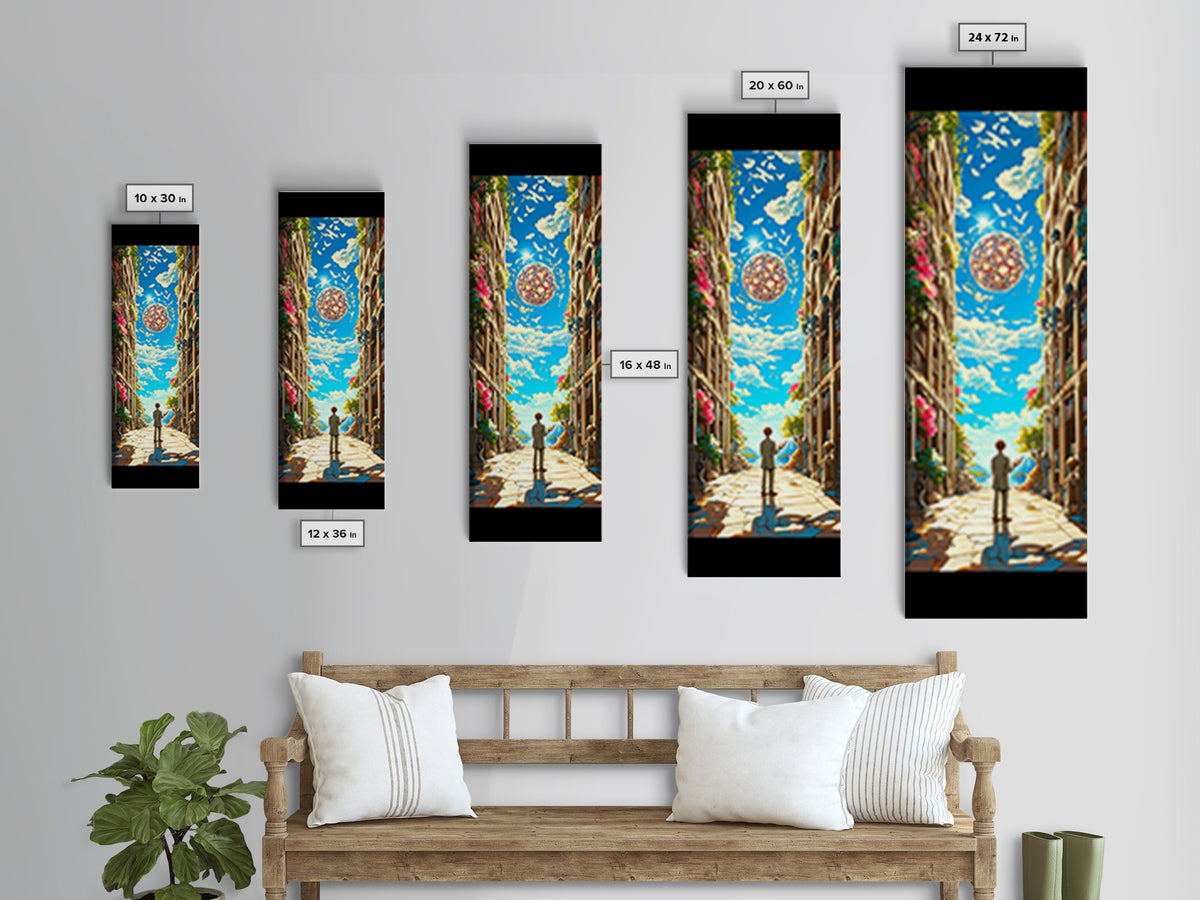 Sunlit European Alley With Birds And Glass Orb Canvas Print, Coastal Wall Art, Fantasy Travel Poster, Bright Home Decor Gift