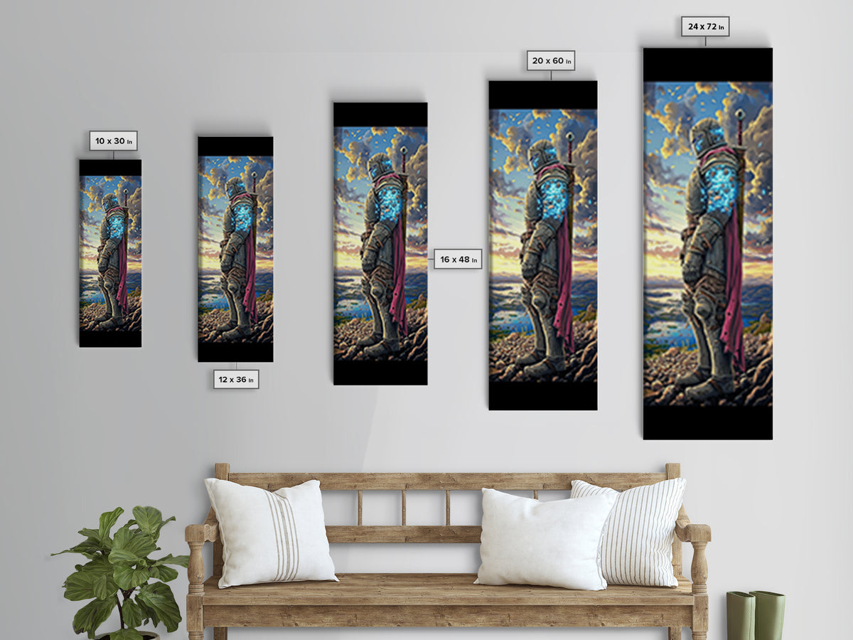 Glowing Blue Crystal Knight At Sunset Framed Canvas Print, Fantasy Wall Art, Medieval Warrior Decor, Gamer Room Gift For Him