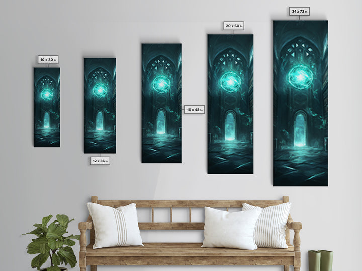 Teal Magic Orb In Gothic Cathedral Wall Art, Dark Fantasy Canvas Print, Dark Academia Decor, Mystical Library Artwork Gift
