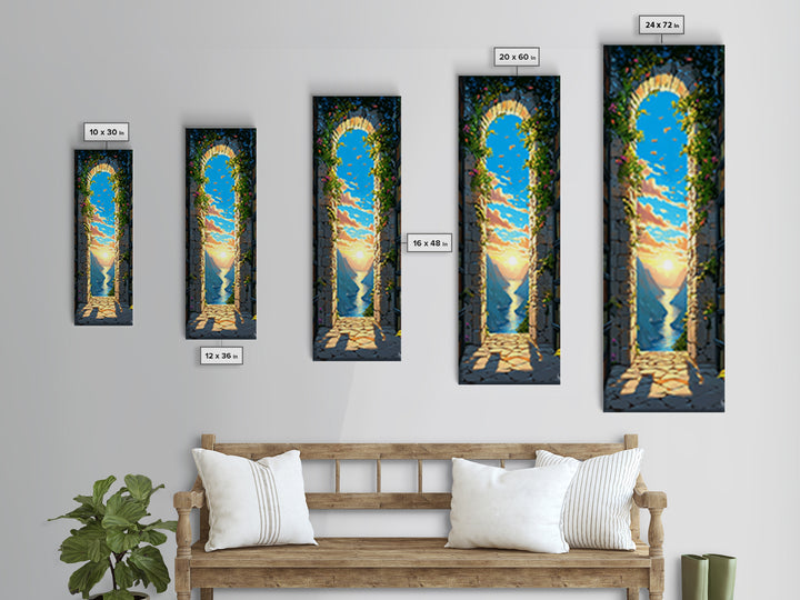 Vine Covered Stone Arch To Sea Sunrise Canvas Print, Mediterranean Wall Art, Coastal Decor, Romantic Bedroom Artwork Gift