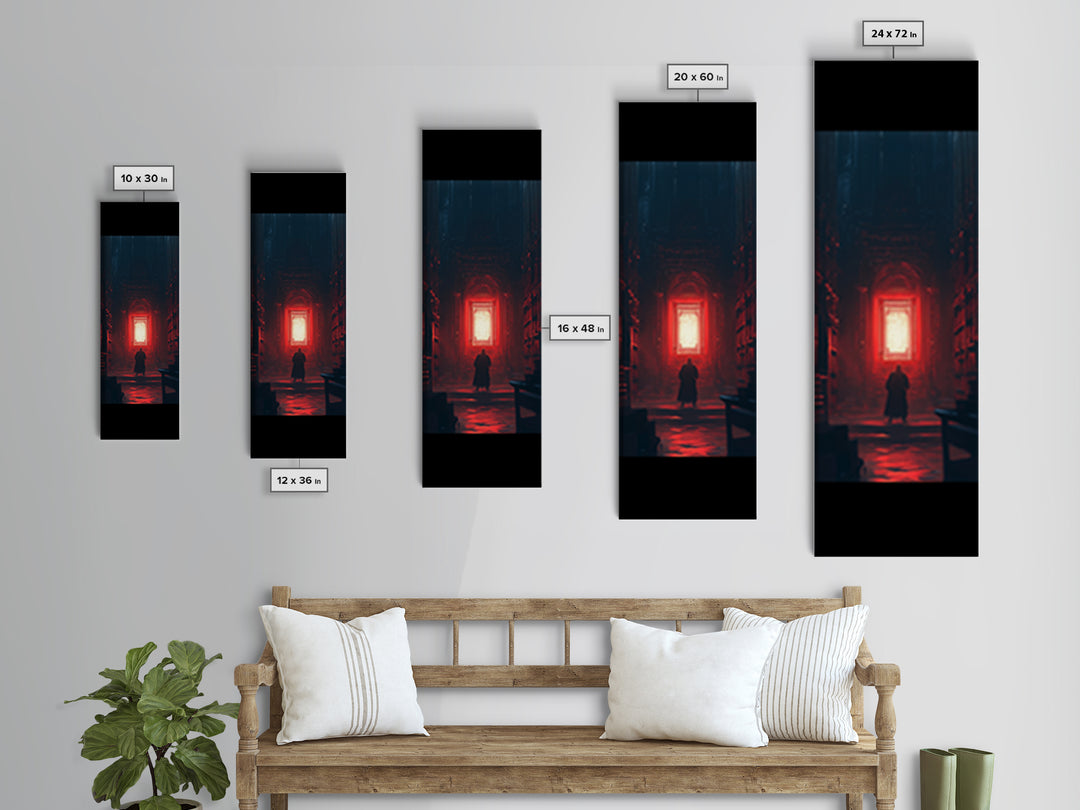 Red Glowing Door In Dark Library Wall Art, Gothic Framed Canvas Print, Dark Academia Decor, Moody Fantasy Artwork Gift For Him
