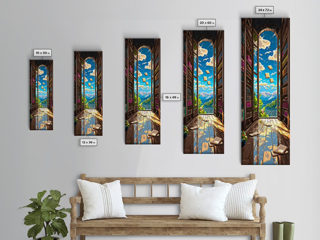 Magical Library Doorway With Floating Books Wall Art, Mountain View Canvas Print, Book Lover Decor, Reading Nook Home Office Gift