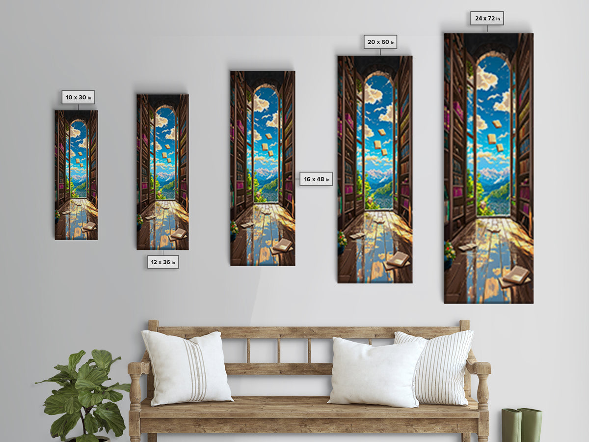 Magical Library Doorway With Floating Books Wall Art, Mountain View Canvas Print, Book Lover Decor, Reading Nook Home Office Gift