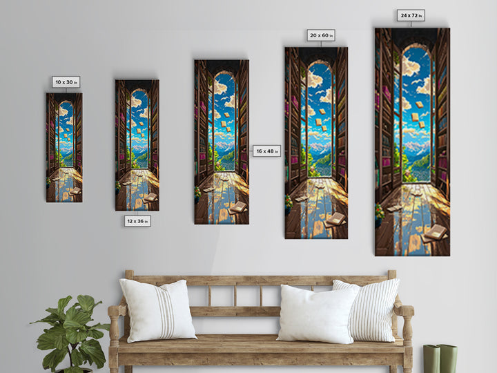 Magical Library Doorway With Floating Books Wall Art, Mountain View Canvas Print, Book Lover Decor, Reading Nook Home Office Gift