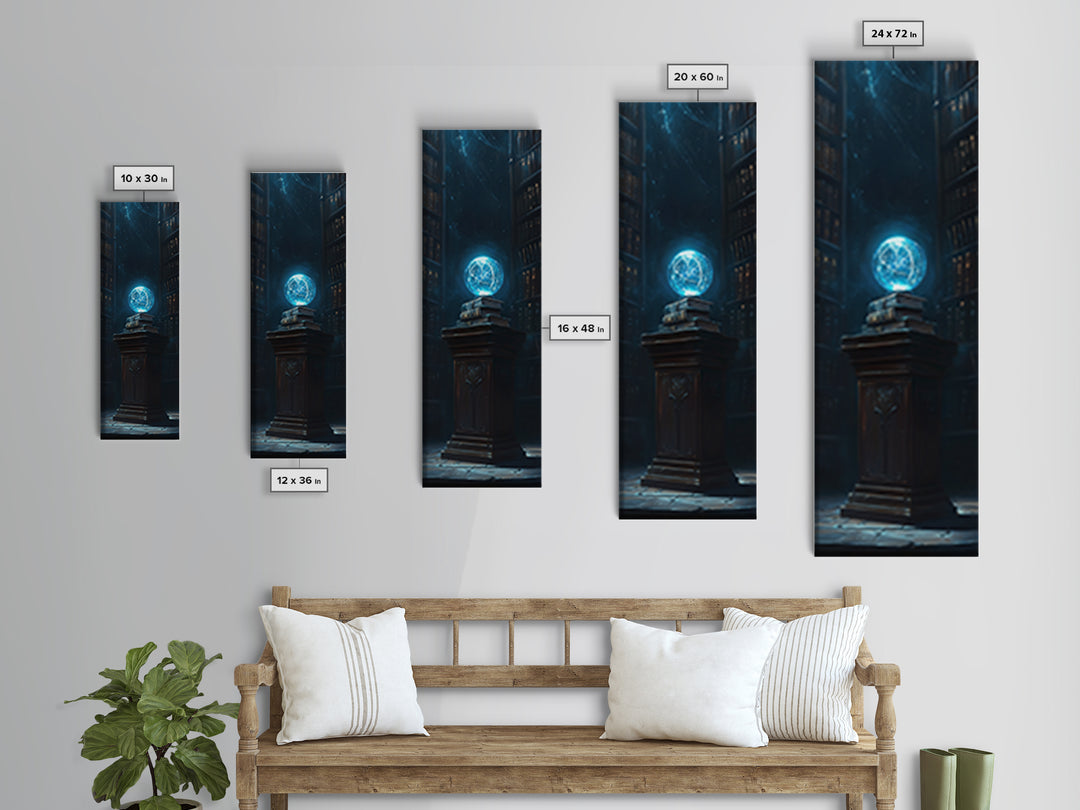 Glowing Blue Orb In Dark Library Framed Canvas Print, Fantasy Wall Decor, Mystical Bookish Art For Dark Academia Reading Nook Decor