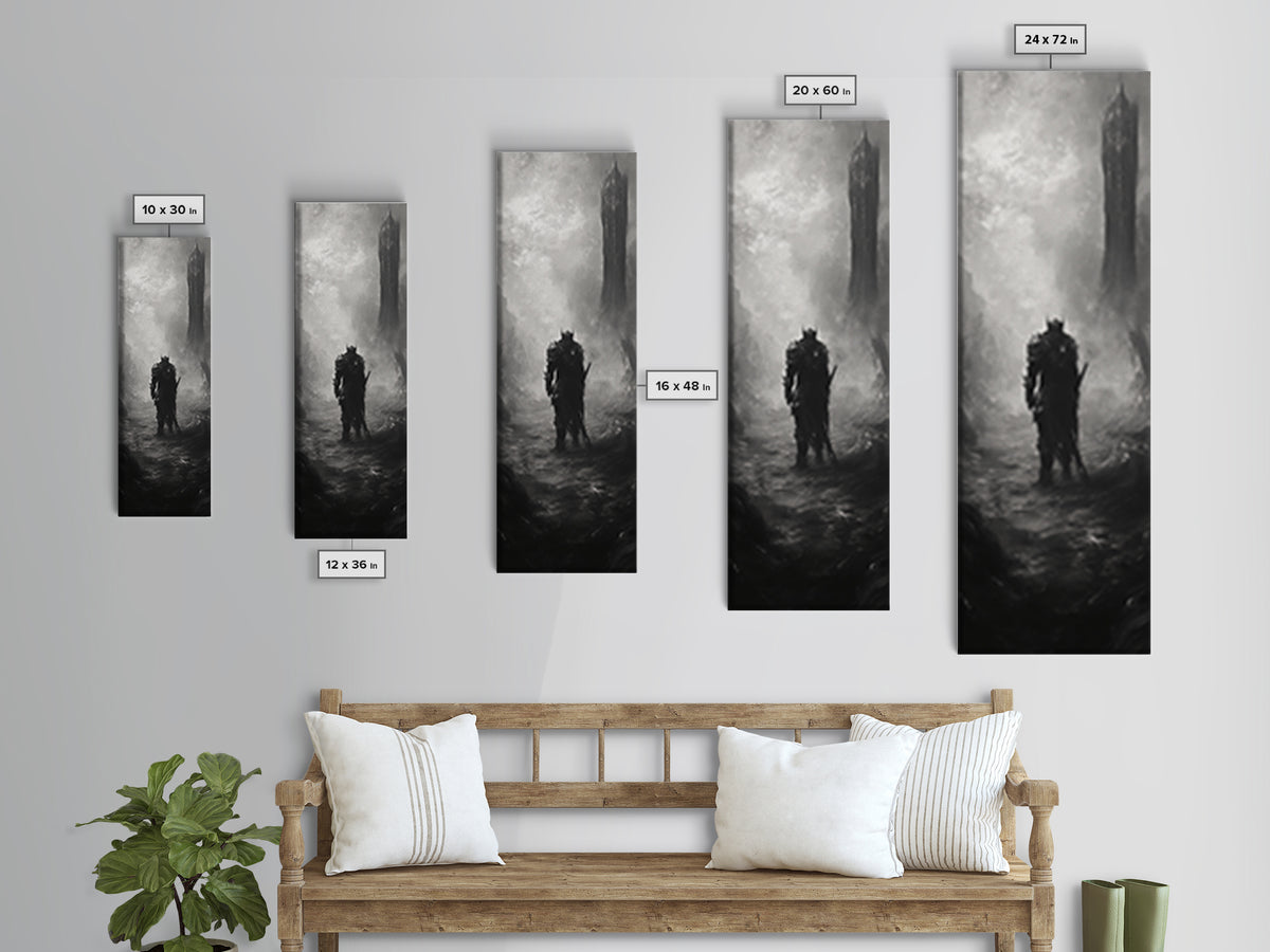 Lone Warrior Before Dark Tower Wall Art, Black And White Fantasy Print, Gothic Dark Art For Game Room Decor, Moody Statement Artwork