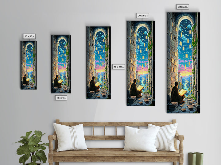 Scholar Reading Under Stone Arch Canvas Print, Floating Pages Fantasy Wall Decor, Magical Library Art For Book Lovers Gift
