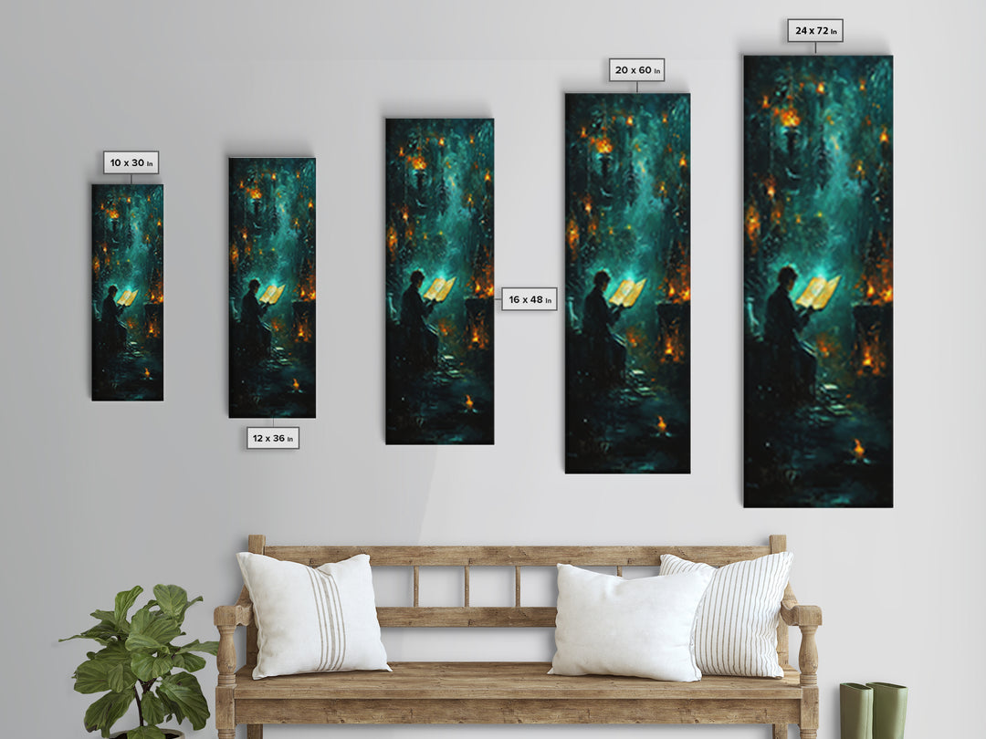 Glowing Book In Enchanted Forest Wall Art, Dark Fantasy Reading Nook Decor, Mystical Teal Library Print For Book Lovers Gift