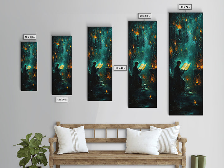 Glowing Book In Enchanted Forest Wall Art, Dark Fantasy Reading Nook Decor, Mystical Teal Library Print For Book Lovers Gift
