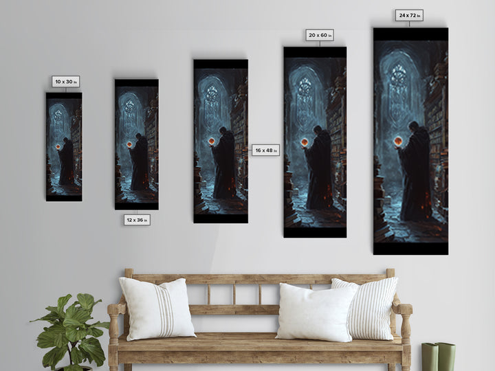 Cloaked Wizard In Gothic Library Framed Canvas Print, Dark Academia Fantasy Wall Decor, Mystical Bookish Art For Study Room Decor