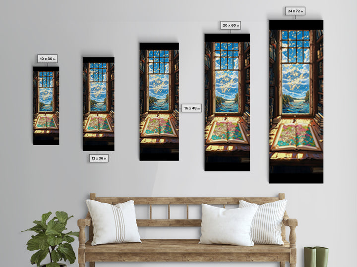 Open Map By Ocean Library Window Canvas Print, Bookish Coastal Wall Decor, Sunlit Travel Art For Reading Nook And Study Decor