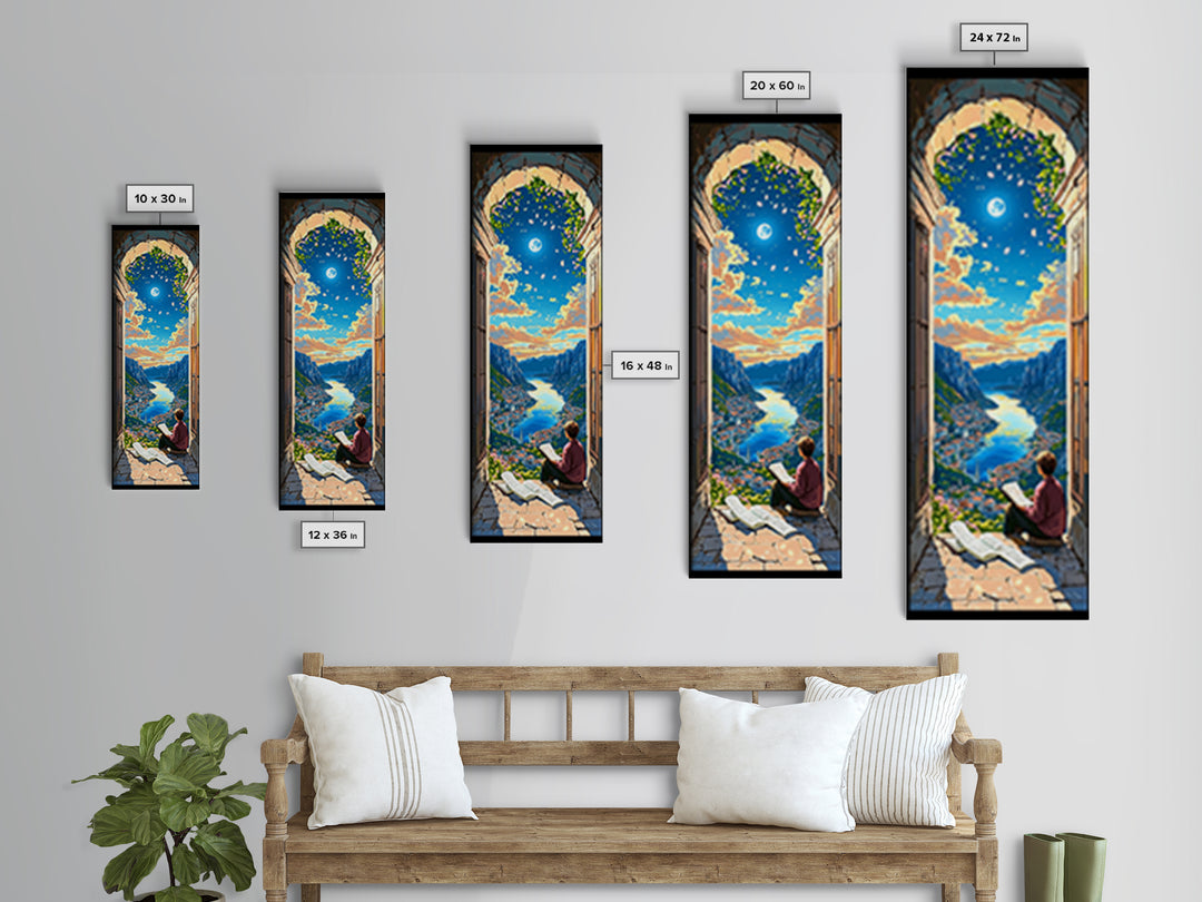 Reader In Arched Window Over Moonlit Valley Framed Canvas Print, Bookish Wall Art, Cozy Library Decor, Fantasy Art Print Gift