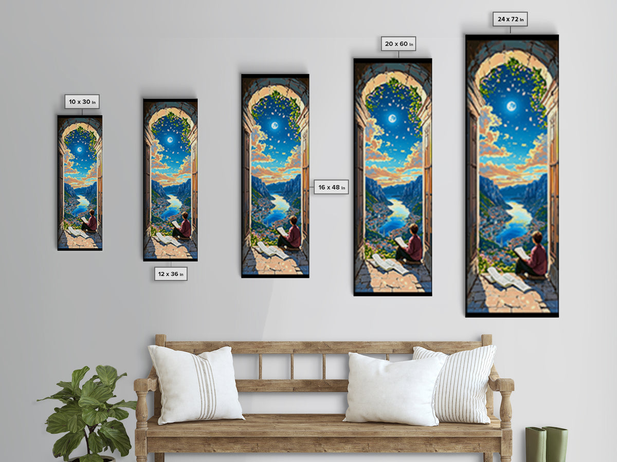 Reader In Arched Window Over Moonlit Valley Framed Canvas Print, Bookish Wall Art, Cozy Library Decor, Fantasy Art Print Gift