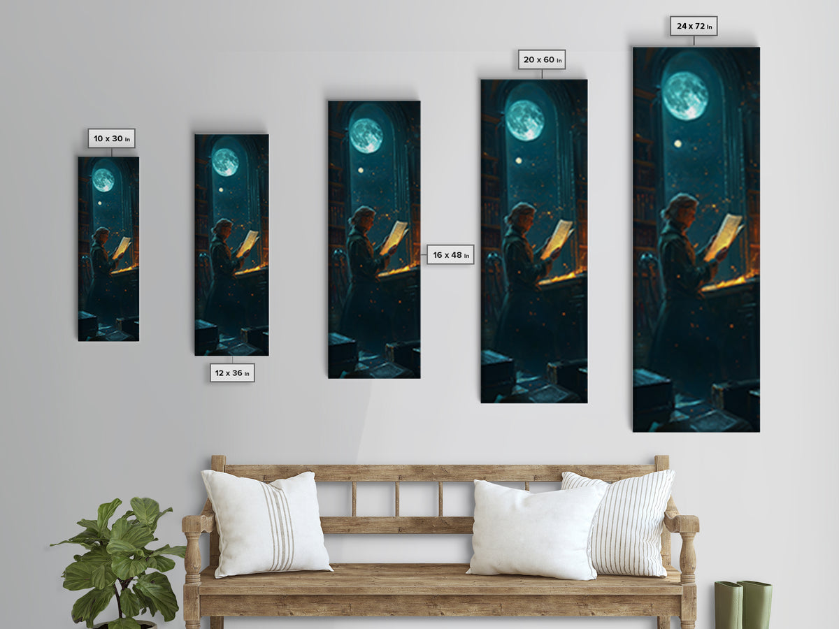 Moonlit Scholar Reading Ancient Scroll Canvas Print, Dark Academia Wall Art, Magical Library Decor, Book Lover Gift For Readers