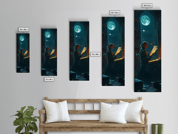 Moonlit Scholar Reading Ancient Scroll Canvas Print, Dark Academia Wall Art, Magical Library Decor, Book Lover Gift For Readers