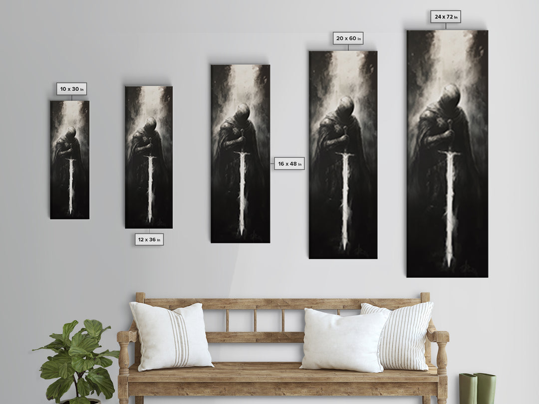 Hooded Knight With Glowing Sword Wall Art, Black And White Fantasy Print, Gothic Dark Academia Decor, Medieval Sword Art