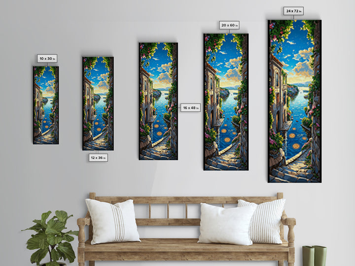 Sunlit Mediterranean Seaside Stairway Wall Art, Coastal Village Canvas Print, Italian Decor, Travel Poster, Beach House Gift