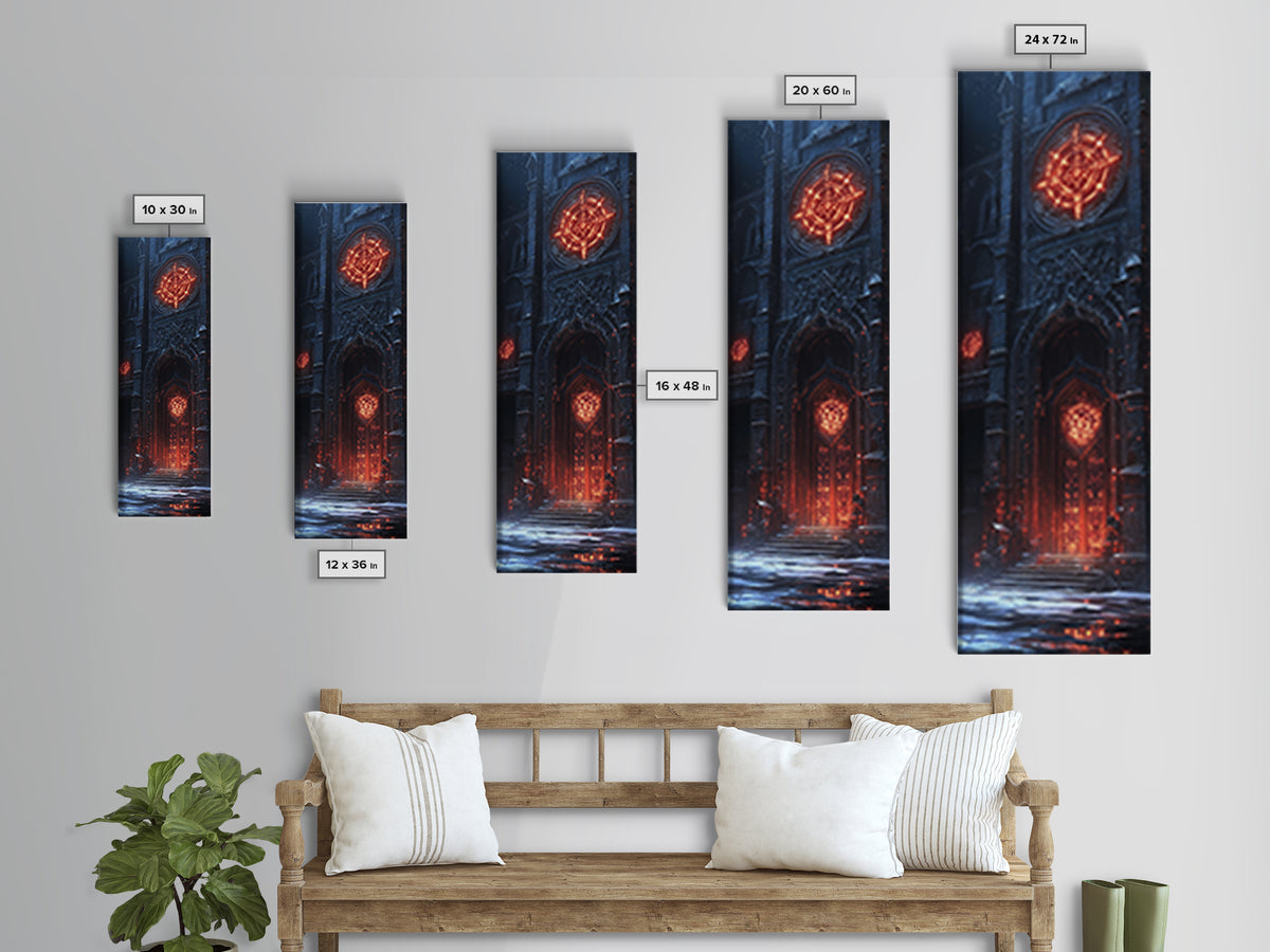 Glowing Gothic Cathedral Door Framed Canvas Print, Dark Fantasy Wall Art, Magical Architecture Decor, Occult Castle Poster