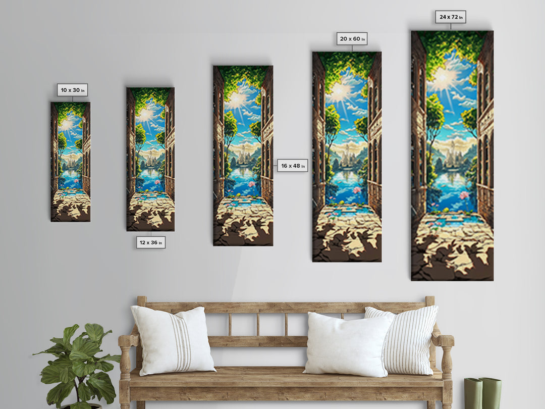 Sunlit Ruins Archway To Castle Lake Canvas Print, Fantasy Landscape Wall Art, Magical Nature Decor, Serene Travel Poster