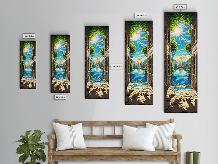 Sunlit Ruins Archway To Castle Lake Canvas Print, Fantasy Landscape Wall Art, Magical Nature Decor, Serene Travel Poster