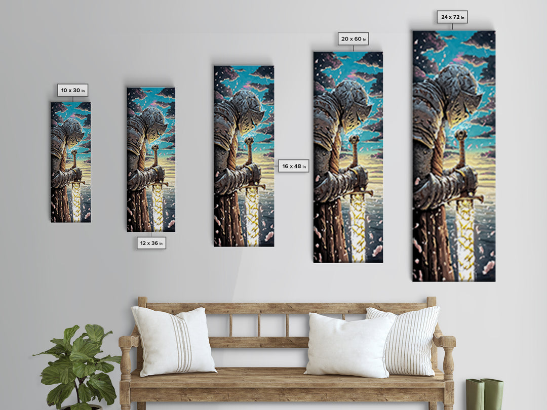 Weathered Knight With Glowing Sword Canvas Print, Medieval Fantasy Wall Art, Dark Academia Decor, Epic Warrior Artwork For Him
