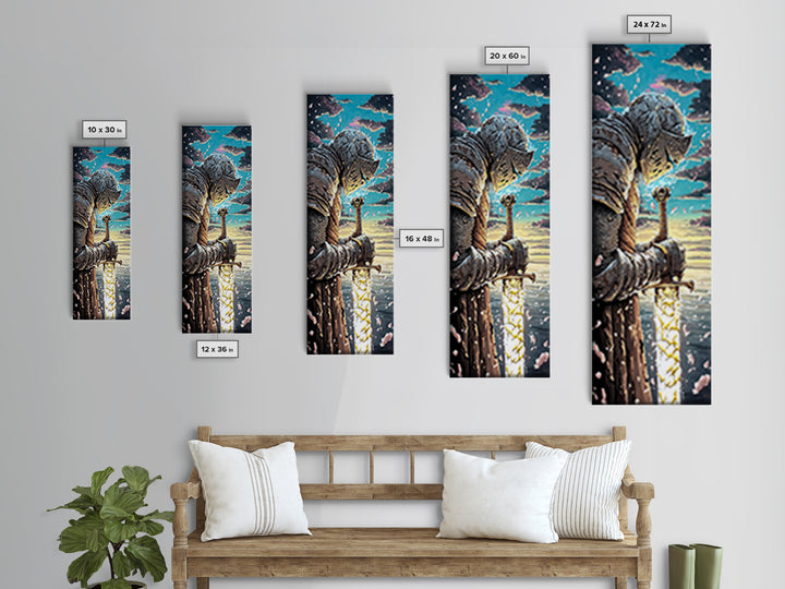 Weathered Knight With Glowing Sword Canvas Print, Medieval Fantasy Wall Art, Dark Academia Decor, Epic Warrior Artwork For Him