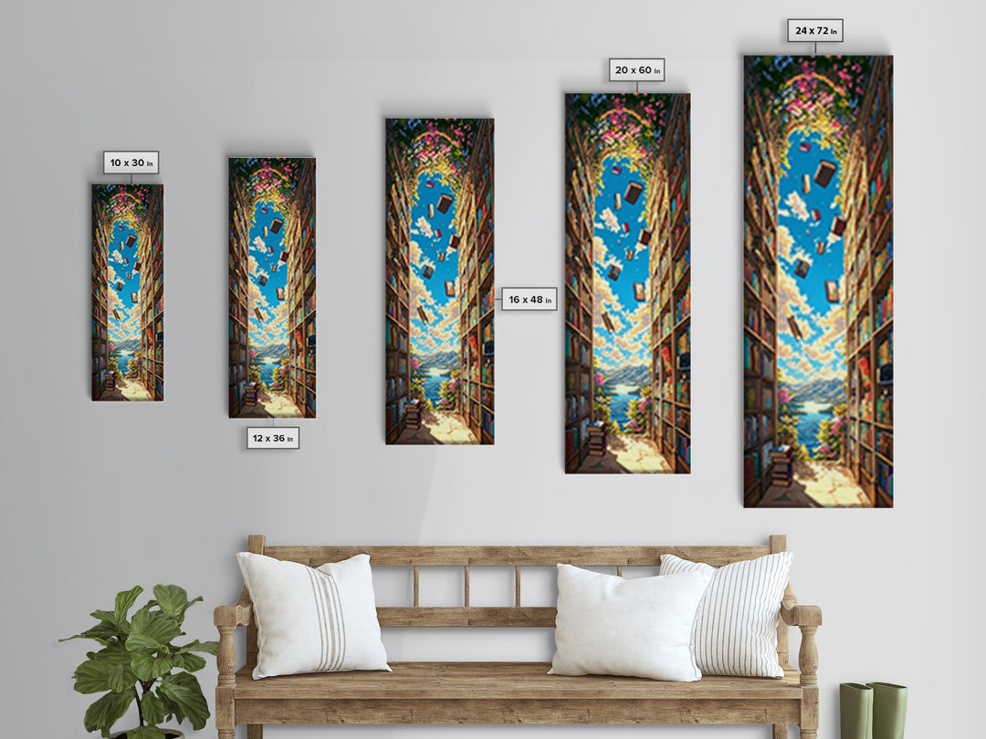 Blooming Library Arch With Floating Books Wall Art, Whimsical Book Lover Decor, Coastal Reading Nook Print, Colorful Art