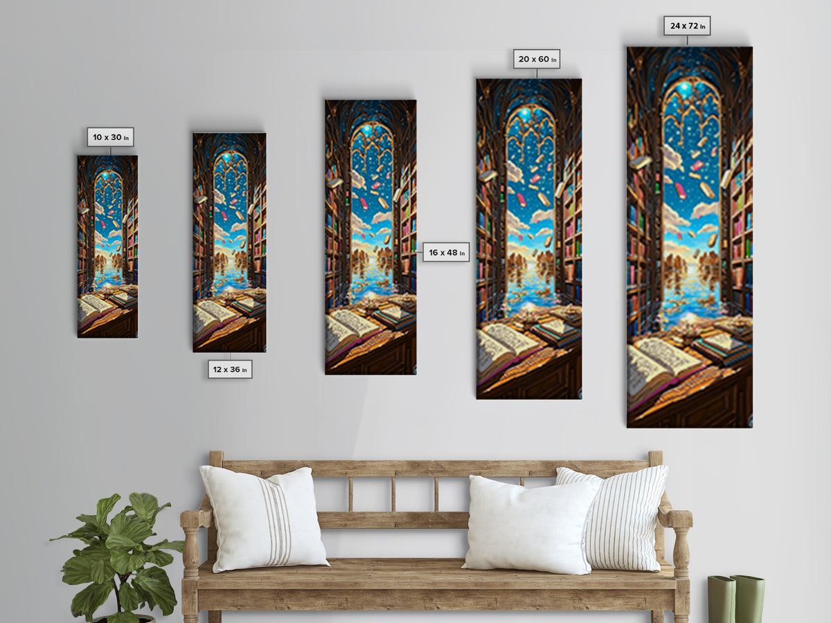 Sunlit Gothic Library Window Over Ocean Canvas Print, Bookish Wall Decor, Coastal Fantasy Art, Reading Nook Home Decor Gift