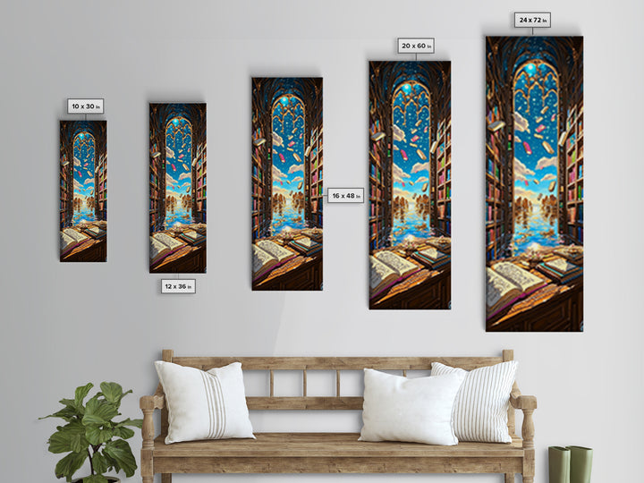 Sunlit Gothic Library Window Over Ocean Canvas Print, Bookish Wall Decor, Coastal Fantasy Art, Reading Nook Home Decor Gift