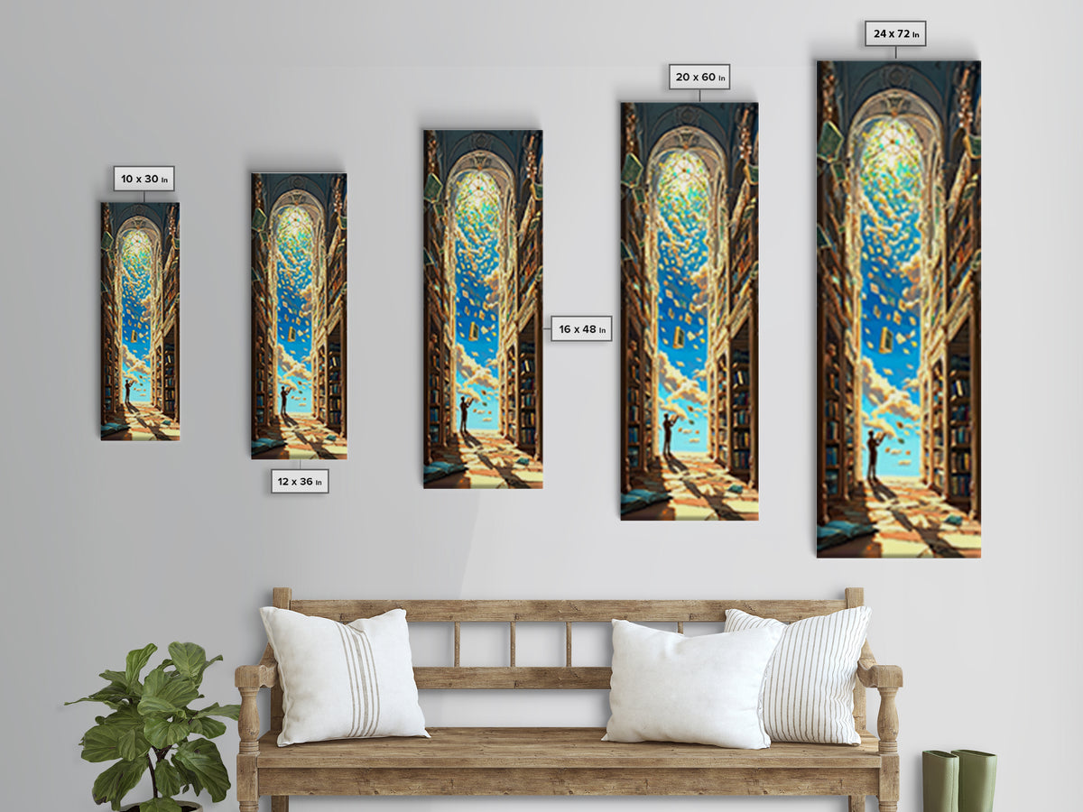 Golden Sky Library Arch With Falling Books Framed Canvas Print, Fantasy Bookish Wall Decor, Dark Academia Reading Gift Decor