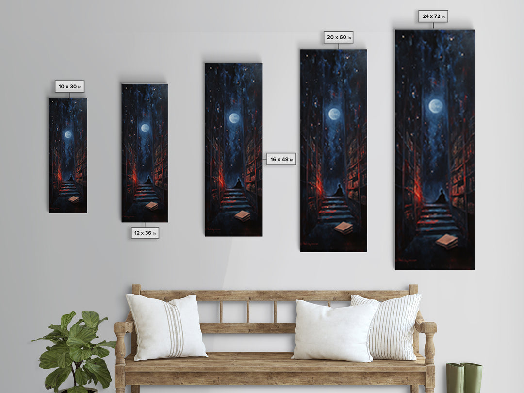 Moonlit Dark Library Stairs With Lone Reader Wall Art, Gothic Bookish Decor, Dark Academia Print, Moody Office Gift Decor