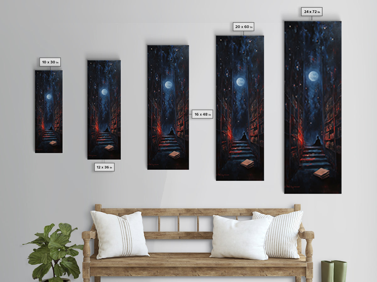 Moonlit Dark Library Stairs With Lone Reader Wall Art, Gothic Bookish Decor, Dark Academia Print, Moody Office Gift Decor