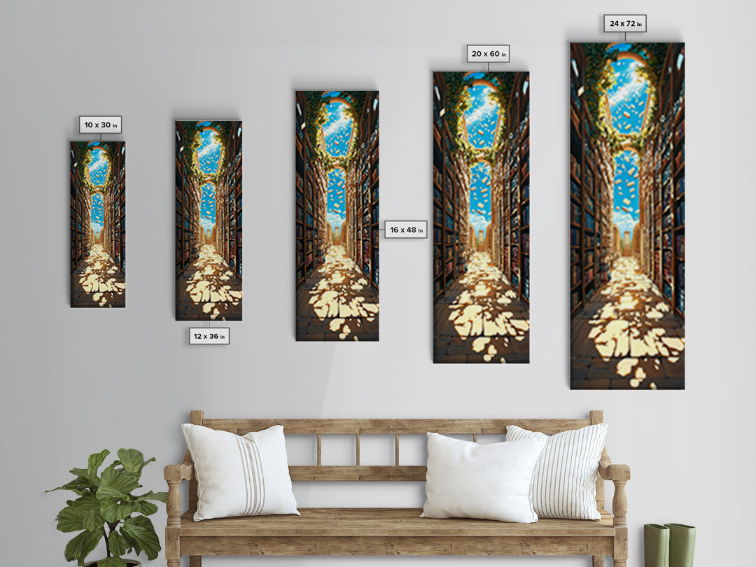 Sunlit Ivy Library Aisle With Floating Books Canvas Print, Bookish Wall Decor, Cozy Reading Nook, Fantasy Home Decor Gift