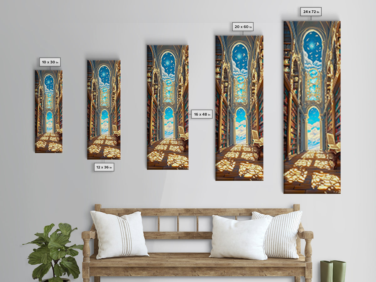 Grand Sunlit Library Hall With Celestial Blue Ceiling Framed Canvas Print, Bookish Wall Decor, Dark Academia Home Gift Decor