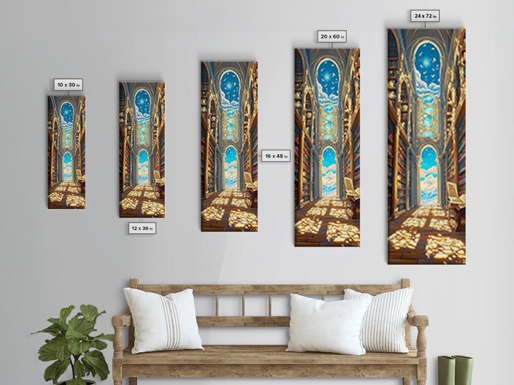 Grand Sunlit Library Hall With Celestial Blue Ceiling Framed Canvas Print, Bookish Wall Decor, Dark Academia Home Gift Decor