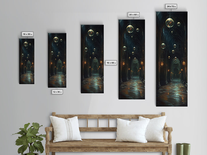 Dark Gothic Hall With Floating Celestial Orbs Canvas Print, Moody Wall Decor, Dark Academia Art, Fantasy Home Gift Office Decor