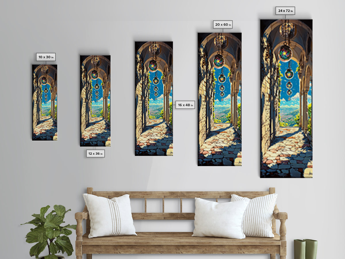 Sunlit Stone Archway With Floating Orbs, Mountain Valley Wall Art, Fantasy Landscape Canvas, Mediterranean Home Decor Print