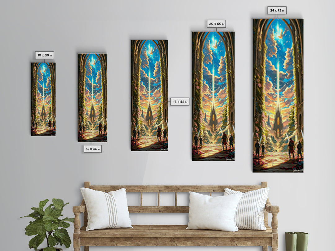 Celestial Cathedral Portal With Radiant Sky Beam Canvas Print, Fantasy Castle Wall Art, Magical Landscape Home Decor Gift For Her