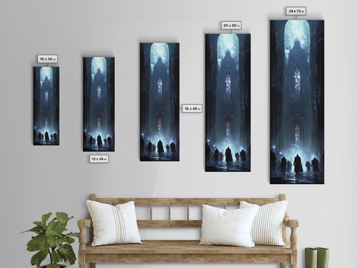 Moonlit Gothic Cathedral In Blue Mist Wall Art, Dark Fantasy Castle Canvas, Moody Medieval Decor, Dramatic Fine Art Print