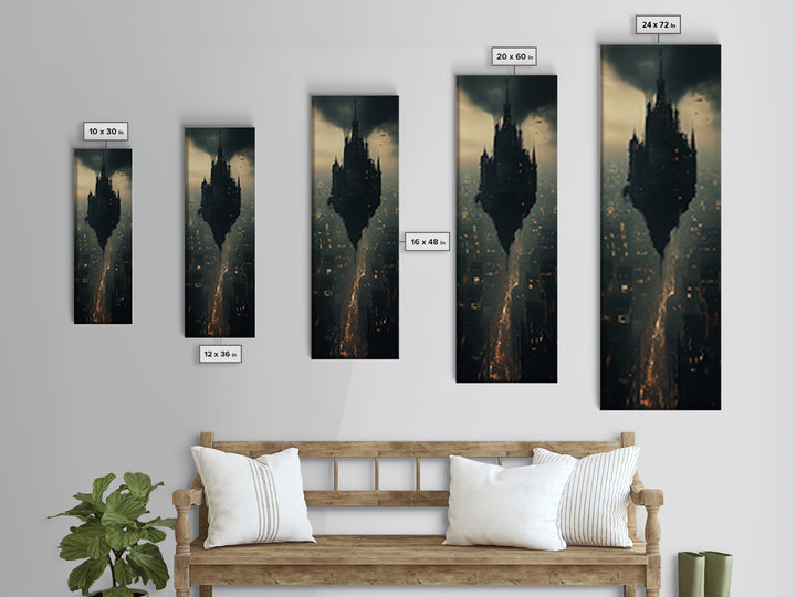 Dark Floating Citadel Above Dystopian City Wall Art, Gothic Castle Canvas Print, Sci Fi Fantasy Office Decor Gift For Him