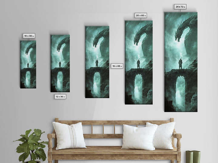 Lone Knight Facing Ancient Dragon Canvas Print, Dark Fantasy Wall Art, Teal Green Gothic Adventure Home Decor Gift For Him