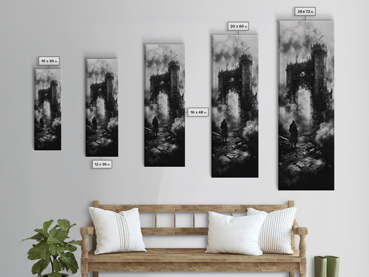 Black And White Gothic Ruin With Lone Wanderer Wall Art, Dark Academia Canvas Print, Moody Castle Home Decor Gift For Him