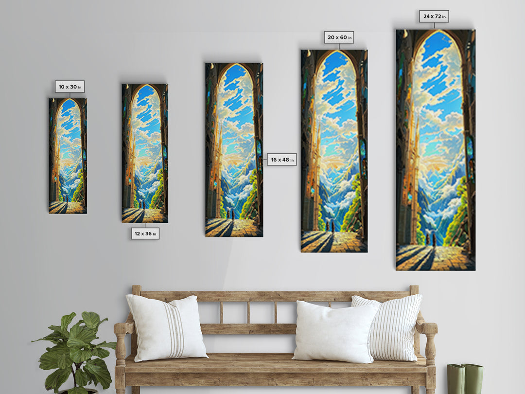 Golden Cathedral Arch Opening To Alpine Mountains Framed Canvas Print, Fantasy Landscape Wall Art, Bright Home Decor Gift
