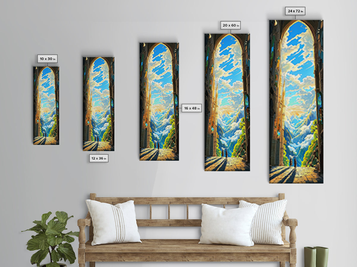 Golden Cathedral Arch Opening To Alpine Mountains Framed Canvas Print, Fantasy Landscape Wall Art, Bright Home Decor Gift